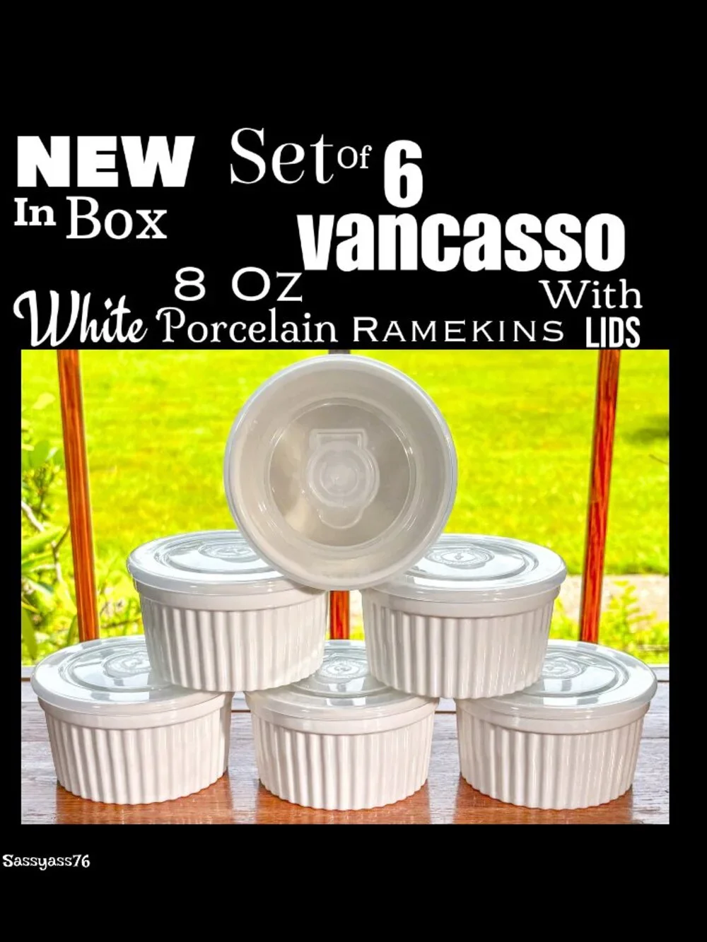 🆕NWT▪️VANCASSO▪️Set of Six 8 Oz White Porcelain Ramekins With Lids